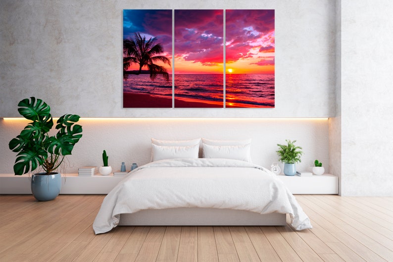 Beautiful sunset Canvas Wall Art tropical beach with palm tree and pink sky for travel and vacation in holiday relax time Ocean Sunset image 4