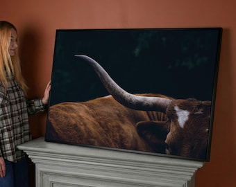 Lienzo decorativo de una vaca Longhorn de Texas, con un primer plano, estampado rústico de animales de granja.