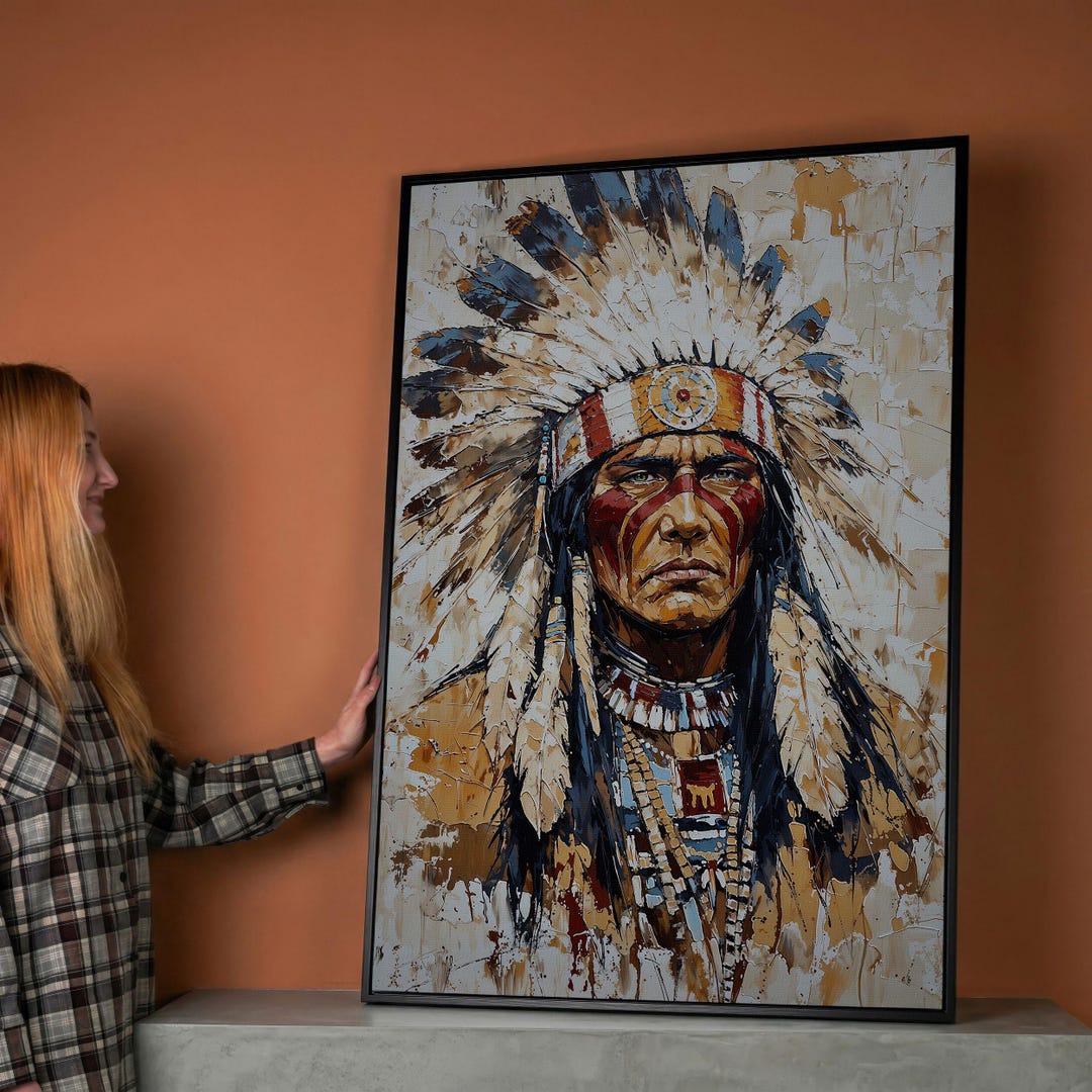 Indigenous Warrior With Feather Headdress Canvas Wall Art Native ...