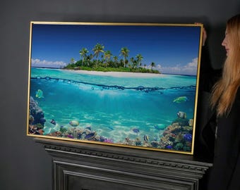 Tropical Island Coral Reef Canvas Wall Art: Split View Beach Scene