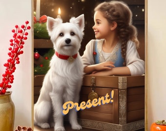 Dog Christmas with girl,Oil Print,Home Decor, Christmas Decor, Dog Print, Pet Prints, Wall Art, Printable Art, Dog Posters, Digital Download