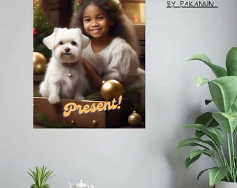 Dog Christmas with girl,Oil Print,Home Decor, Christmas Decor, Dog Print, Pet Prints, Wall Art, Printable Art, Dog Posters, Digital Download