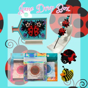 May include: A June Drop Box set featuring a turquoise tray with a ladybug and floral design, a beaded pen with ladybug charms, a crocheted ladybug, a yellow and black striped rubber duck, and three holographic pouches labeled Black Dahlia Diamond Art.