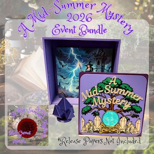 May include: A purple box set titled A Mid-Summer Mystery 2026 Event Bundle. It includes a square card with a tree and crystal ball graphic, a purple crystal-shaped object, and a small circular container labeled Black Dahlia Diamond Art.