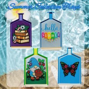 May include: Four rectangular plastic trays with narrow spouts at the top. One purple tray features a stack of books and flowers. A light blue tray displays the text hello SUMMER with colorful popsicle icons. A green tray shows a gnome with strawberries. A blue tray features a black butterfly with red floral patterns.