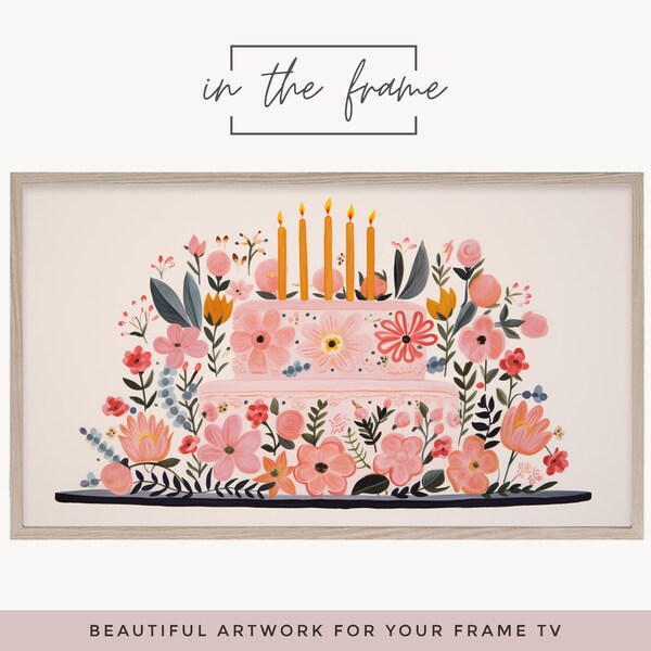 Birthday Frame TV Art - Modern Floral Birthday Cake Artwork for Frame TV - 4K Digital Download Wall Art 16:9 - Flower Illustration