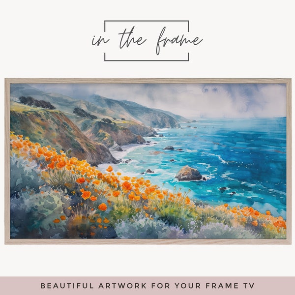 Samsung Frame TV Art - Watercolour Painting - Colourful California Seascape - Spring TV Art - Californian Poppies - Coastal Wall Art