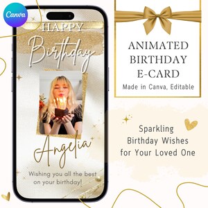 編集可能なアニメーション誕生日カード、デジタル招待状、電子カード、Eカード、お祝い行事、シンプルなホワイトゴールドの招待状