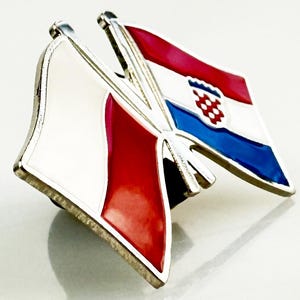 Brass Polish Croatian Flag Pin, Enamel Crossed Flags Badge, Poland and Croatia Patriotic Lapel Pin, Diplomatic Gift and Travel Souvenir