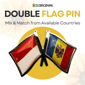 Puede incluir: Un pin de doble bandera con las banderas de Indonesia y Moldavia. El pin tiene un borde plateado y las banderas están cruzadas. El texto "DOUBLE FLAG PIN" está encima de las banderas, con "Mix & Match from Available Countries" debajo.