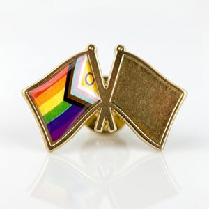 May include: A gold-toned metal lapel pin featuring two crossed flag shapes. The left flag displays the Progress Pride flag design with rainbow stripes and a chevron containing a purple circle on a yellow field. The right flag is plain gold.