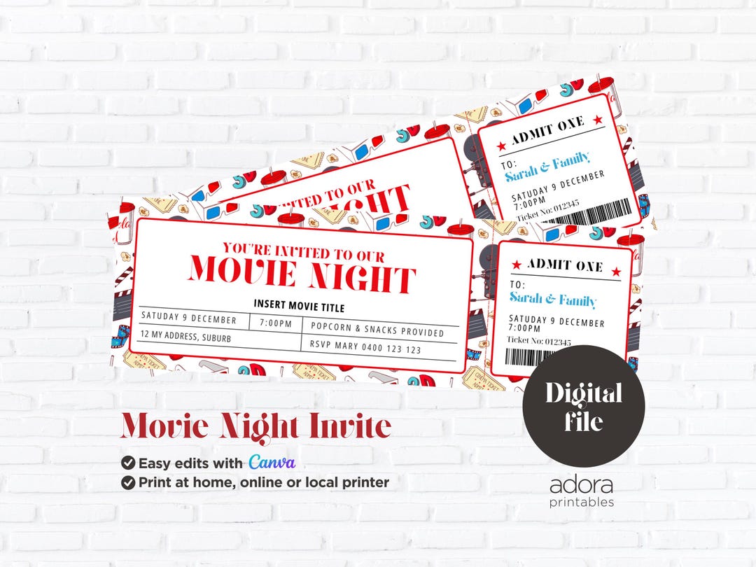 INSTANT DOWNLOAD | Movie Ticket Invite | Movie Night Template to Edit ...