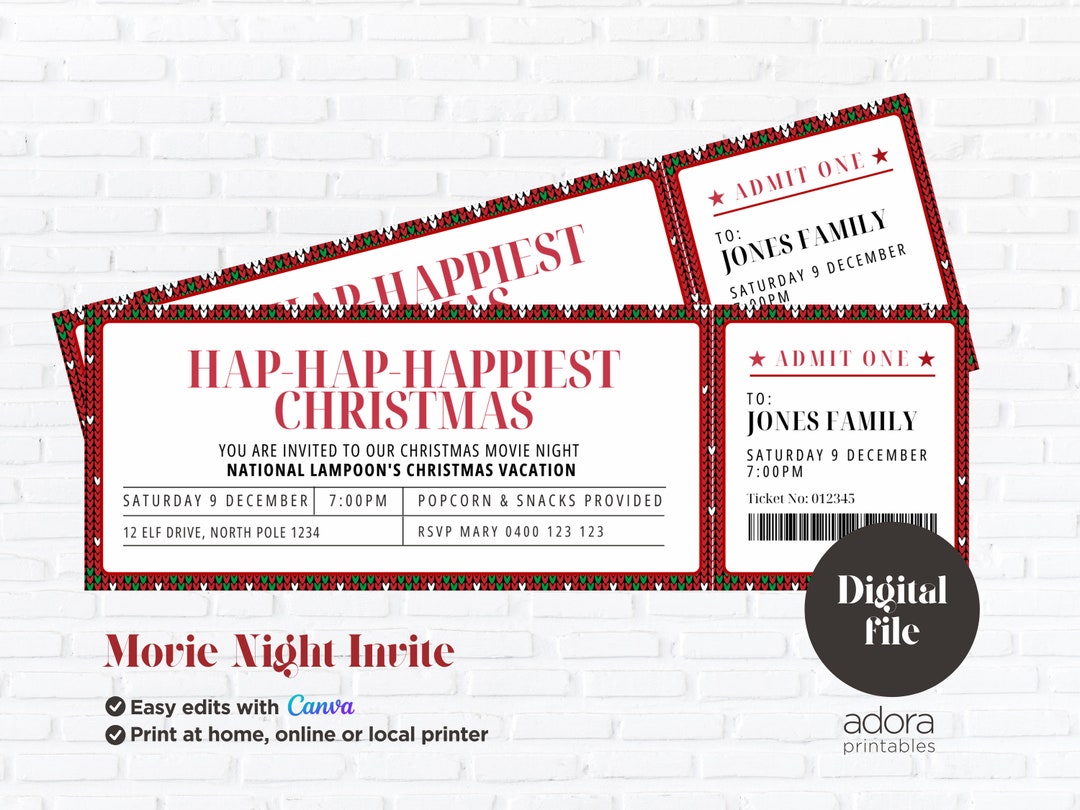 INSTANT DOWNLOAD Movie Ticket Christmas Movie Night Template to Edit ...