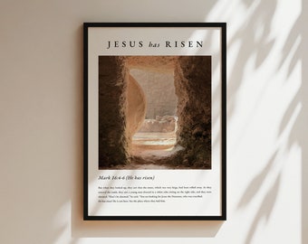 Jesús ha resucitado, Marcos 16, La tumba está vacía, Versículo bíblico moderno, Versículo bíblico, Decoración de pared cristiana imprimible, Arte de Jesús