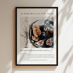Può includere: Una stampa incorniciata in nero con uno sfondo bianco che presenta un piatto di fichi a fette. Il testo "The Parable of the Fig Tree" è in cima alla stampa. Sotto l'immagine c'è il testo "Luke 13:6-9 (The Parable of the Barren Fig Tree)" e un breve passo delle Scritture.