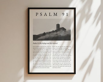 Salmo 91, refugio y fortaleza, versículo bíblico moderno, póster con versículo bíblico, decoración de pared cristiana imprimible, arte de pared de Jesús
