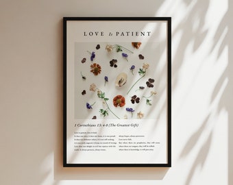 El amor es paciente, el amor es bondadoso, 1 Corintios, versículo bíblico moderno, póster con versículo bíblico, imprimible cristiano, decoración, floral