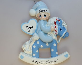 Personalisierter Christbaumschmuck - Schaukelpferd blau - Weihnachtsbaumanhänger - Weihnachtsanhänger mit Namen - Weihnachtsschmuck