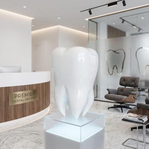 Puede incluir: Una gran escultura blanca y brillante de un molar humano exhibida sobre un pedestal transparente e iluminado en una clínica dental. El mostrador de recepción presenta una placa dorada con el texto PREMIER DENTAL ARTISTRY.