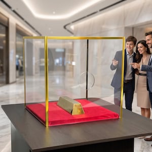 Può includere: Un lingotto color oro poggiato su una base di velluto rosso all'interno di una teca in vetro trasparente con cornice in metallo dorato. La teca è di forma quadrata e presenta un'apertura circolare su un lato, posta su un piedistallo in legno.