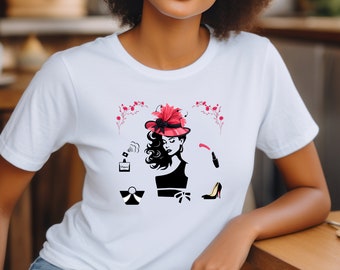 T-shirt pour femme à la silhouette sophistiquée : chemise élégance et glamour, cadeau pour elle, t-shirt tendance élégant, chemise avec accessoires chics