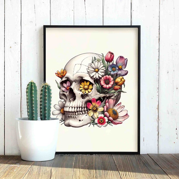 Impression d'art floral coloré crâne humain : élégance botanique vibrante sur papier premium