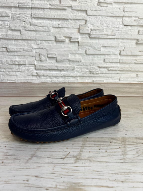 Authentic Gucci Dark Blue Leather Loafers Men Size 8 Luxury Moccasins Designer Slip On Shoes