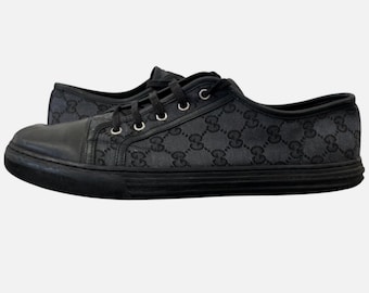 Zapatillas Gucci GG Logo 426189 negras de caña baja para hombre, talla 10, de piel y lona, calzado de lujo de diseñador.