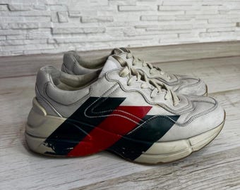 Zapatillas deportivas Gucci Rhyton 523535 de piel gruesa, talla 6.5, color beige. Zapatos de diseñador auténticos.