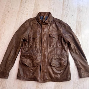 Massimo Dutti Men’s Brown Leather Field Jacket XL Sheep Leather Military Safari