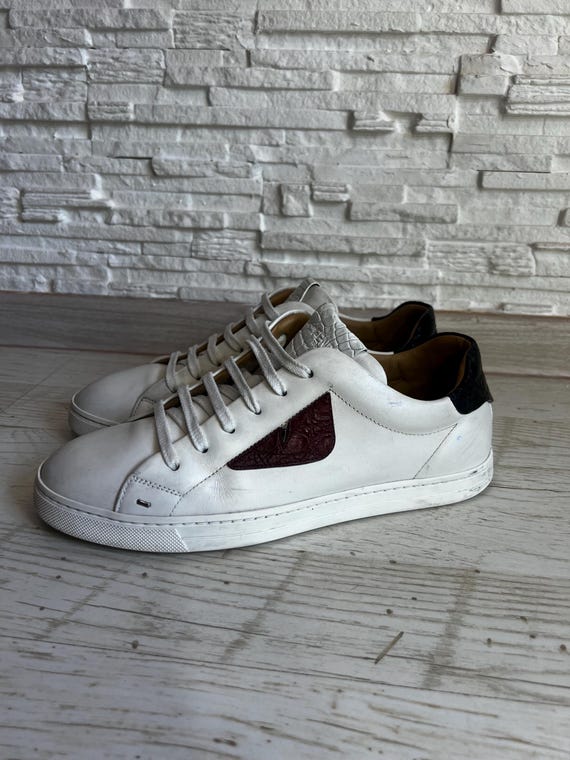 Fendi Bag Bugs Leather Sneakers White Burgundy Black Size 6 Made in Italy