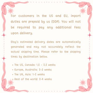 May include: A rectangular informational graphic with a light cream background and a decorative border featuring pink ribbons and star accents. The text provides details regarding import duties, delivery estimates, and shipping times by destination.