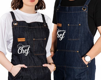 2 pcs Custom Chef Apron Set, Personalized Apron Set,  Gifts, Denim Cross Back Apron, Apron With Pockets, Kitchen Apron, Denim Apron