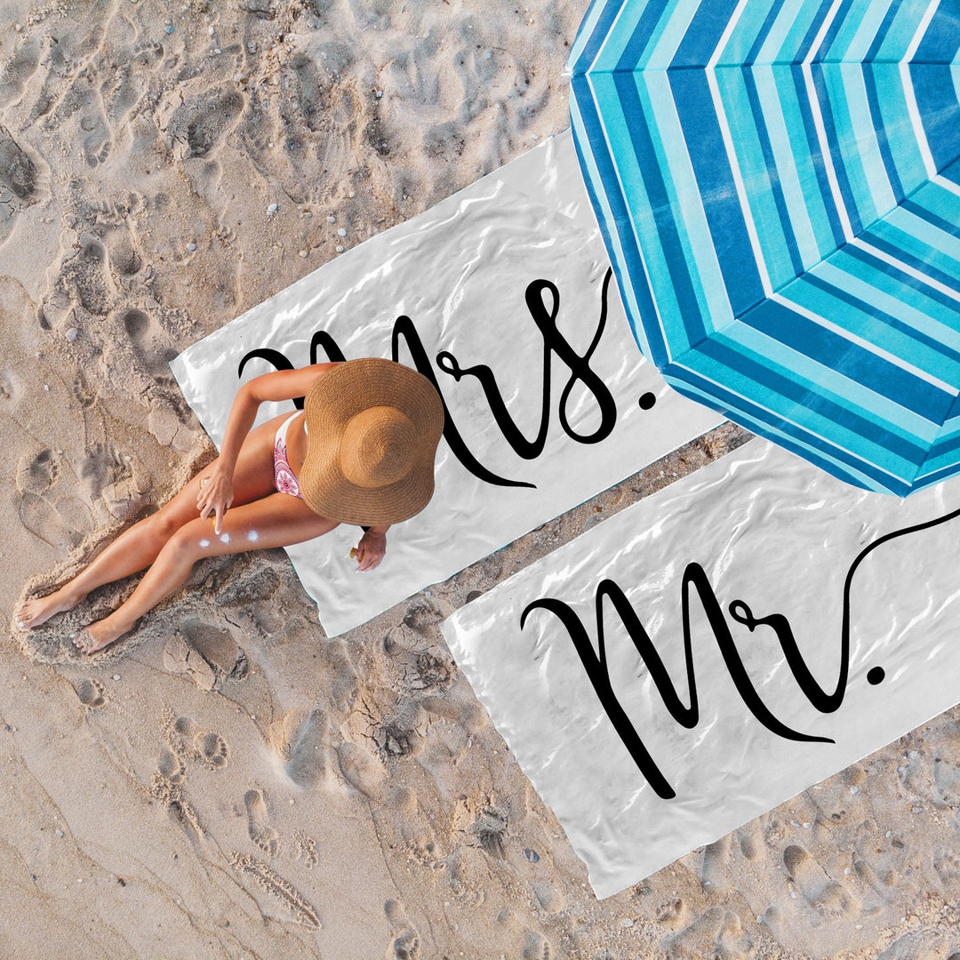 Custom Beach Towel Set of 2, Mr and Mrs Beach Towel as Couple Gift