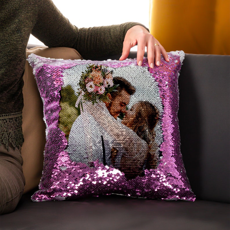 INSERTO INCLUSO Cuscino con paillettes con foto personalizzato, Cuscino con paillettes personalizzato, Cuscino con foto personalizzato, Cuscino con paillettes con foto, Cuscino magico, Copertine per foto Purple