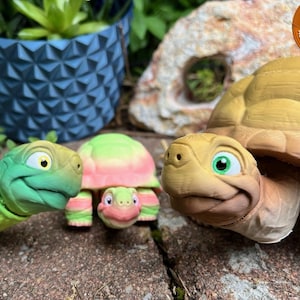Könnte beinhalten: Drei handbemalte Schildkrötenfiguren. Eine ist grün und gelb, eine ist rosa und grün und eine ist braun. Die Schildkröten lächeln alle und haben große Augen.