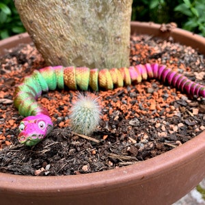 Peut inclure: Un jouet serpent en plastique color&eacute;, segment&eacute;, avec une t&ecirc;te rose et verte et une queue rose. Le serpent est couch&eacute; dans un pot en terre cuite rempli de terre brune et de petites pierres orange. Un petit cactus vert pousse dans le pot.