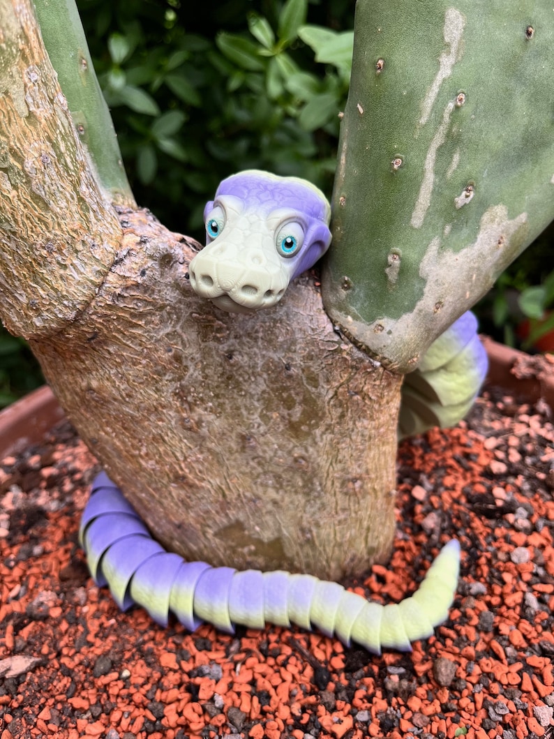Peut inclure: Un jouet serpent segment&eacute; de couleur violette et verte avec de grands yeux bleus, qui se cache derri&egrave;re un cactus.