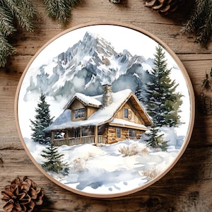 Montain ' House in Winter Cross Stitch Pattern full Coverage PDF Wotercolor Embroidery Scheme Digital