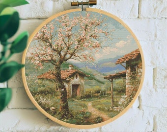 Farm House   Spring Cross Stitch Pattern Digital , Embroidery Art ,  Spring Cross Stitch    ,    PDF Download , Hoop Handmade
