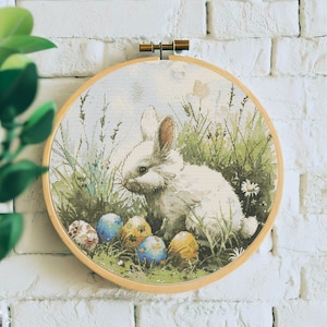 Rabbit Cross Stitch Pattern PDF Woodland Animals  Full Coverage Easter Scheme  Embroidered Hoop Art Digital Download