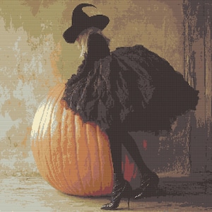 Witch Pumpkin Cross Stitch Pattern   ,Full Coverage Digital Download , Keeper Pattern Compatible