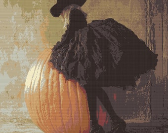 Witch Pumpkin Cross Stitch Pattern   ,Full Coverage Digital Download , Keeper Pattern Compatible