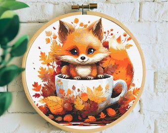 Fox in Teacup Cross Stitch Pattern Digital Download PDF Autumnal Embroidery