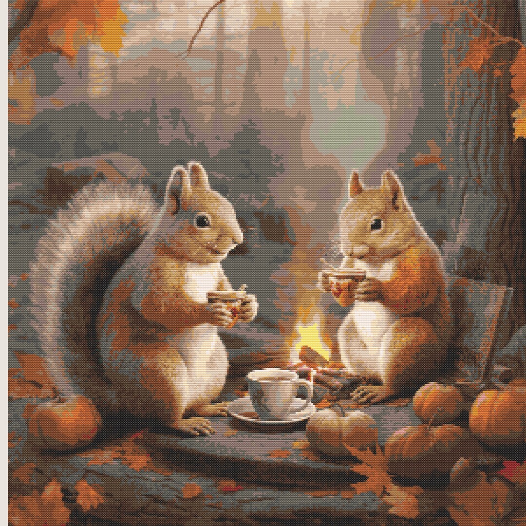 Squirrels Tea Party Cross Stitch Pattern: Woodland Animals