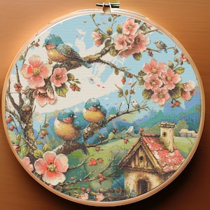Bird & Cherry Blossom Cross Stitch Pattern: Rustic Embroidery Design (PDF Pattern)