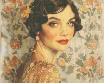 Romantic Woman Cross Stitch Pattern: Full Coverage Embroidery (Digital Download)