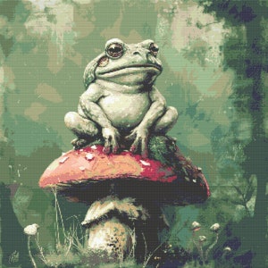 Frog on Mushroom Cross Stitch Pattern: Cottagecore Embroidery (PDF)