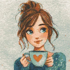 Puede incluir: Ilustración digital de una persona con cabello castaño recogido en un moño, sosteniendo una taza turquesa con un corazón naranja. La persona lleva un suéter azul. El fondo es un patrón texturizado azul claro.