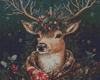 Christmas Deer Cross Stitch Pattern: Full Coverage Embroidery (Digital Download)